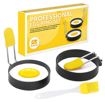 Image de TRANKIELO® - Moules à œufs antiadhésifs, forme ronde, lot de 2 - Poignée pliante - Acier inoxydable - 7,5 cm