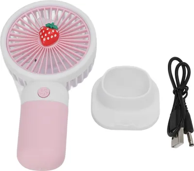 Zdjęcie produktu dla Ręczny wentylator z motywem truskawkowym, ładowany przez USB, przenośny, z możliwością ładowania, z paskiem na szyję, dla kobiet, do podróży