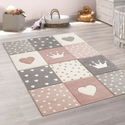 Produktbild von Kinderteppich Pastellfarben Kariert Punkte Herzen Sterne Weiß Grau Rosa Grösse 120x170 cm