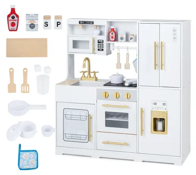 Image de COSTWAY Cuisine pour enfants en bois, pour les enfants de 3 ans et plus, cuisine de jeu avec plaque de cuisson, robinet, évier, micro-ondes, distributeur de glaçons, four, accessoires, espace de rangement, lumière et effets sonores