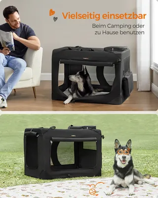 A man sitting on a chair with a dog in a crate indoors, and a dog sitting outside next to a crate.