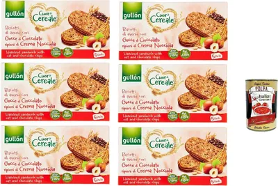 Produktbild von Gullón Cuor Di Cereali Con Crema Alla Nocciola,, Kekse mit Hafer- und mit Haselnusscremefüllung, 6x 220g + Italian Gourmet polpa 400g