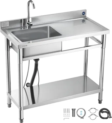 Obrázok produktu pre Drez VEVOR z nehrdzavejúcej ocele (100 x 50 x 94 cm), jednokomorový s batériou a poličkou, kuchynský drez do garáže, práčovne, vonkajší drez s pracovnou doskou (vpravo)