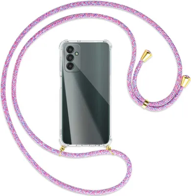 Produktbild von Handykette Backcover-Schutzhülle mit Band (Metall goldfarben) für Samsung Galaxy M13 4G (SM-M135) - lila/rosa/blau