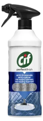 A bottle of Cif Perfect Finish anti-limescale spray with a spray nozzle.