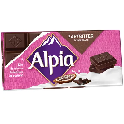 A product shot of Alpia Zartbitter chocolate packaging.