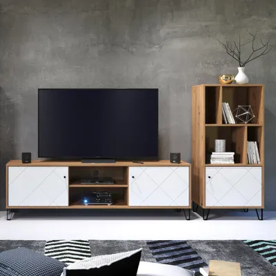 Produktbild von Wohnwand modernes Design TORINO-19 in Artisan Eiche Nb. mit weiß matt, B/H/T: ca. 261/136/40 cm