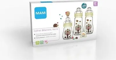 Immagine prodotto di Set di biberon in vetro MAM (3 biberon + 1 ciuccio) - biberon in vetro termoresistente MAM - biberon in vetro per bambini dalla nascita e ciuccio in silicone