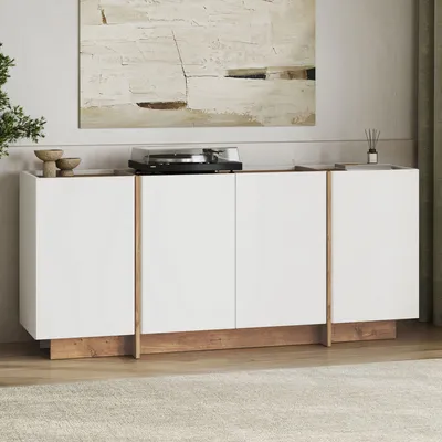 Produktbild von Skye Decor, Moderner Konsolentisch, 180 x 80 x 45 cm, Weiß & Atlantik-Kiefer | 100% melaminbeschichtete Spanplatte, 18 mm dick | Mit zahlreichen Regalen & Soft-Close-Scharnieren.