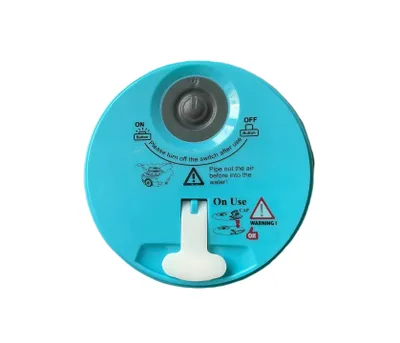 Top view of a blue pool cleaner with operational instructions and warnings.