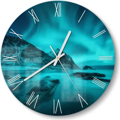 Produktbild von DEQORI Glasuhr Ø30 cm Römisch 'Polarlichter in Norwegen' Wanduhr Glas Uhr Design leise