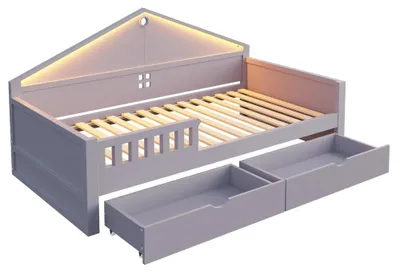 Immagine prodotto di Letto per bambini - Letto singolo - 90 x 200 cm - Barra luminosa a LED - 2 cassetti grandi - Design a griglia - Struttura robusta - Grigio