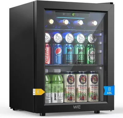 Obrázek produktu pro Mini lednička o objemu 48 litrů se skleněnými dvířky – tichá chladnička na nápoje, vhodná pro plechovky a víno, s LED osvětlením