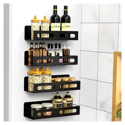 Produktbild von 4 Stück Magnetisches Gewürzregal für Kühlschrank, Magnetisches Regal, Kühlschrank Magnet Organizer, Duschablage ohne Bohren, Tassenregal, Gewürzregal zur Wandmontage (Schwarz)
