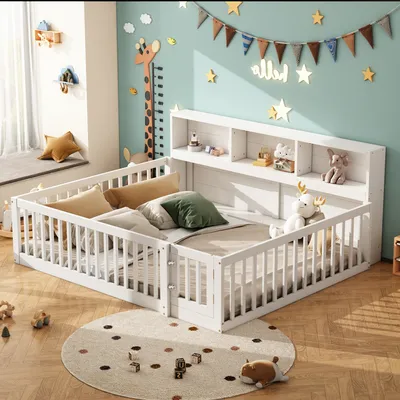 Produktbild von Kinderbett mit Lattenrost und Zaun, 140x200 cm, Jugendbett, Rausfallschutz, Stauraum, Kiefer