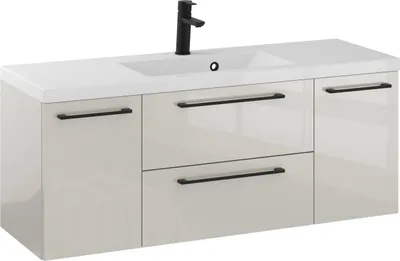Produktbild von FURNI Waschtischunterschrank RON 120 cm - Kaschmir - Hängender Badschrank mit Mineralguss - Waschbecken - Griffe Schwarz matt - Vormontiert