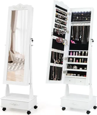 Produktbild von Schmuckschrank, Spiegelschrank mit Ganzkoerperspiegel & LED-Lichtern & Schubladen, Schmuckorganizer auf Rollen, Schmuckaufbewahrung Abschliessbar & Winkel Verstellbar (Weiss)