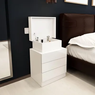 Produktbild von Nachttisch mit Steckdose,Nachtschrank mit Led Licht,Nachtkommode mit 3 Schubladen und Oben Flip-Cover Staufach,Couchtisch Beistelltisch 45x35x61cm