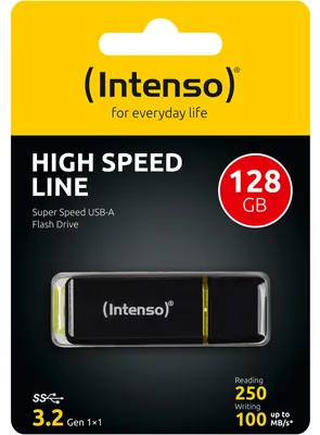 Obrázok produktu pre Intenso High Speed Line, 128 GB, USB Typ-A, 3.2 Gen 1 (3.1 Gen 1), 250 MB/s, Čiapky, Čierna, Žltá