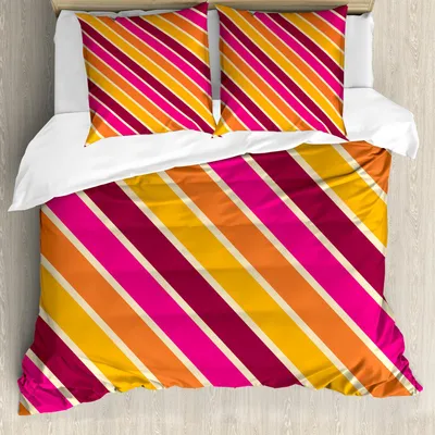Zdjęcie produktu dla ABAKUHAUS Geometryczny zestaw pościeli, ukośne paski w stylu retro, kolorowa kompozycja w stylu lat sześćdziesiątych, 155 x 220 cm + 80 x 80 cm, wielokolorowy