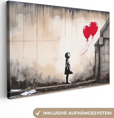 Produktbild von Wanddeko 90x60 cm - Banksy - Kunst - Mädchen - Luftballons - Herz - Grau, Wandbilder, Wanddeko Wohnzimmer