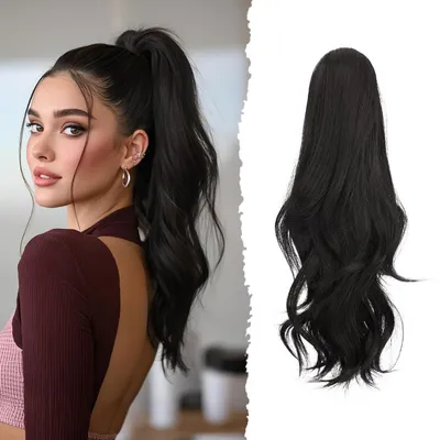 Image de Postiche de cheveux pour queue de cheval, avec clip, ondulée, 41 cm, en fibres synthétiques, couleurs : noir et marron