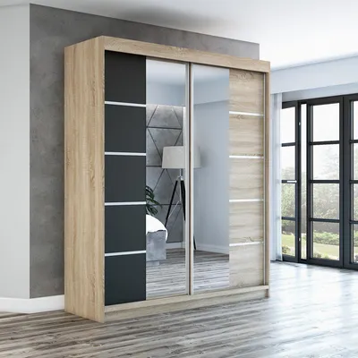 Produktbild von Schwebetürenschrank Kleiderschrank ERA 180 cm Schrank Garderobe Spiegel.Verschiedene Farben (Weiß, Schwarz, Somona). Möbel vom Hersteller!