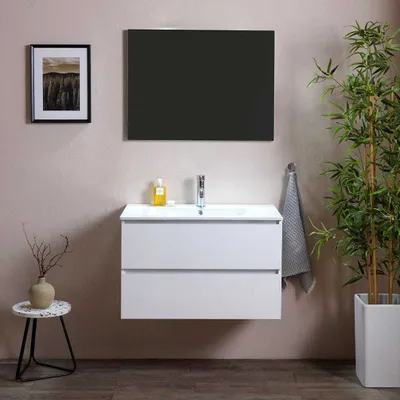 Produktbild von Badmöbelset 80 cm mit zwei Schubladen in weißer Holzoptik + Keramikwaschbecken | Berlin
