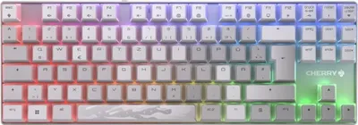 A top-down view of a white mechanical keyboard with RGB backlighting.