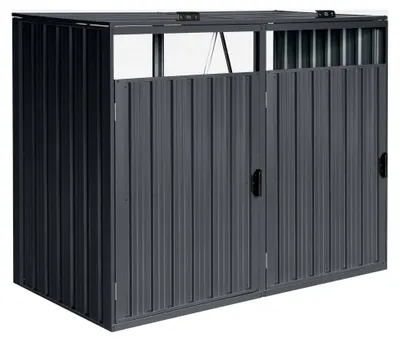 Produktbild von Mülltonnenbox aus Metall in Anthrazit | Verkleidung aus wetterfestem verzinktem Stahl mit Deckel für 2 Tonnen - 240L/480L | Aufbewahrungsbox für Mülltonnen
