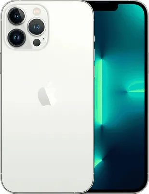 The back of a white iPhone 13 Pro Max is shown, with the Apple logo visible. The phone is positioned diagonally next to a screen displaying a blue abstract pattern.