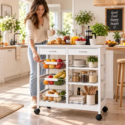 Produktbild von Servierwagen Weiß 37x67x76 cm Doppel weiß, KI-generiertes Bild