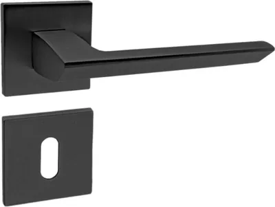 A black door handle set with a square rosette and a separate square escutcheon plate with a keyhole.