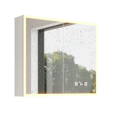 Produktbild von FCH Spiegelschrank, LED, 80x15,5x70cm, Touch Doppeltüren, 7 Ablagen, Zeit- und Temperaturanzeige, dreifarbiger Beleuchtung, Rasiersteckdose, Weiß