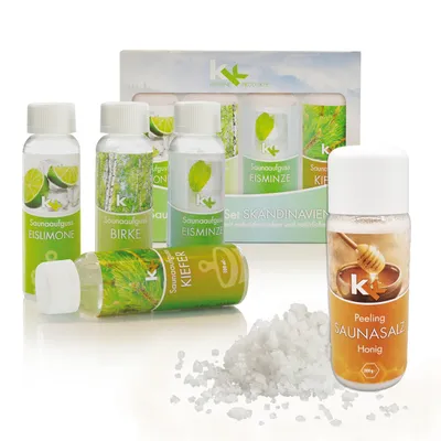 Produktbild von KK Saunaaufguss Set Skandinavien Saunakonzentrat 4 x 100 ml/Flasche + 200g Sauna Salz
