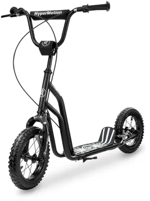 A black scooter with large wheels is shown against a white background.