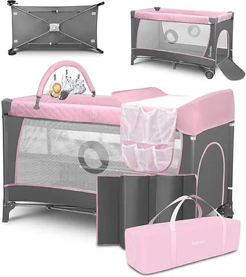 Imagen del producto de Cuna de viaje para bebé Flower 4 en 1 con entrada lateral, cambiador, dos alturas de ajuste para el colchón, arco de juegos con figuras y ruedas, además de una bolsa de transporte