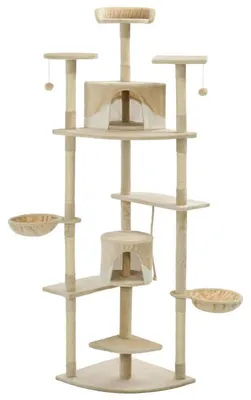 Image de Arbre à chat de 203 cm de hauteur – Griffoir beige avec des maisons et des paniers