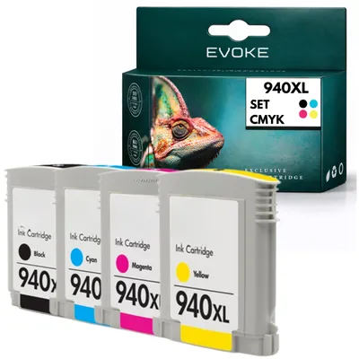 Image de Encres compatibles Evoke pour HP 940XL, modèles HP940 C4906A C4907A C4908A C4909A, 4 couleurs CMJN : noir, cyan, magenta, jaune, contenance 120 ml, compatibles avec les imprimantes OfficeJet Pro 8000, 8500, 8500A, 8500A Plus, Image générée par une IA