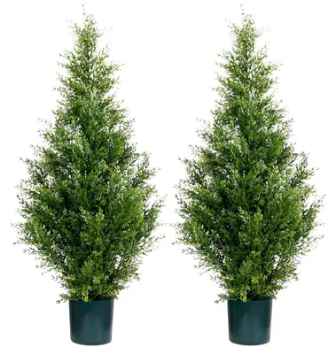 Image de Cèdre artificiel en forme de buis, cyprès artificiel de 90 cm de haut, décoration en cyprès artificiel pour le salon, le bureau ou une fête, lot de 2