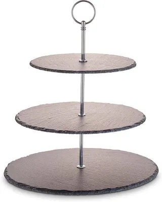 Image de Étagère/plateau de service en ardoise naturelle avec 3 niveaux et poignée en métal - Édition Argent Ø ardoises env. 20/25/30 cm Céramique - Pour pâtisseries, fruits, fromages et desserts