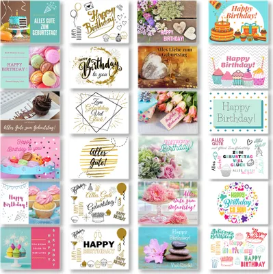 Produktbild von Domelo Geburtstagskarten 24er Set mit Umschlag, Happy Birthday Postkarten, Kraftpapier Karten zum Geburtstag, Geburtstagskarte für Mann/ Frau/ Kinder, Postkarte als Grußkarten