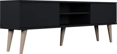 Produktbild von TV-Lowboard Fernsehtisch 160 cm in Schwarz – Soft-Close Türen, Stauraum & Kabeldurchlass – Skandinavisch Holzfüße, Holzbeine – Für Fernseher bis 70 Zoll – Micky
