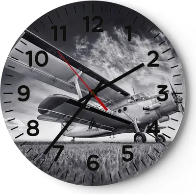 Produktbild von Wanduhr - Rund - Glasuhr - Flugzeug An-2 Schwarzweiß - 30x30cm - Schleichendes Uhrwerk - Lautlos - zum Aufhängen bereit - Dekoration Modern - Wanddekoration aus Glas - C4AR30x30-4363