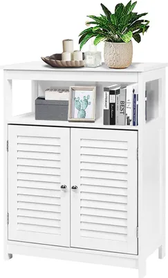 Produktbild von Badezimmerschrank, Badschrank aus Holz, freistehender Aufbewahrungsschrank mit verstellbarem Regal & 2 Türen, bis 35 kg belastbar, für Badezimmer, Wohnzimmer, Badkommode (Weiß)