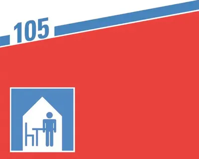 A graphic design with a red background, a blue and white diagonal stripe at the top, and a blue square icon with a house, a chair, and a person inside.