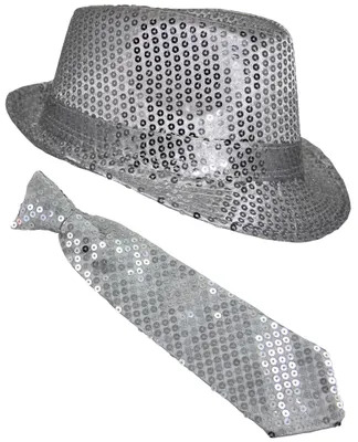 Produktbild von Pailletten Kostüm Set - Silber - Hut & Krawatte