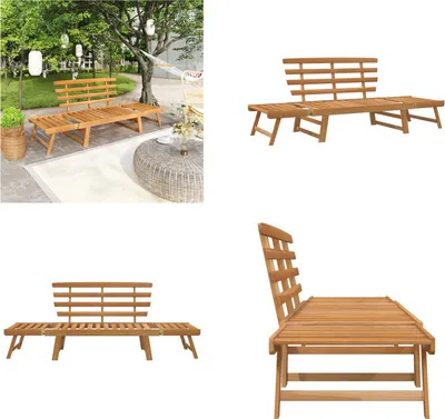 A collage of images showing a wooden garden bench that can be converted into a sun lounger, displayed in different angles and settings.