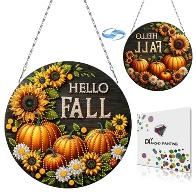 Productafbeelding van Diamantverfset, herfstthema, pompoen, met ketting, geschikt voor zelf maken, raamdecoratie, wanddecoratie