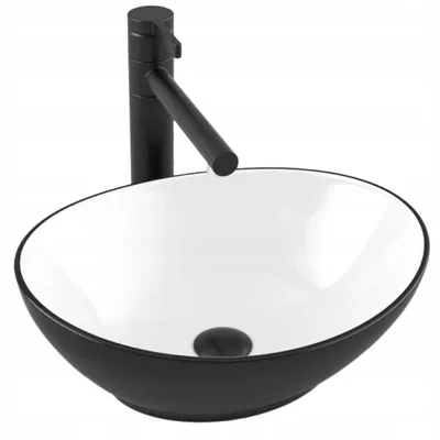 Immagine prodotto di Lavabo da appoggio ovale in Vetroceramica bianco e nero – Vasca 42 x 34 cm
